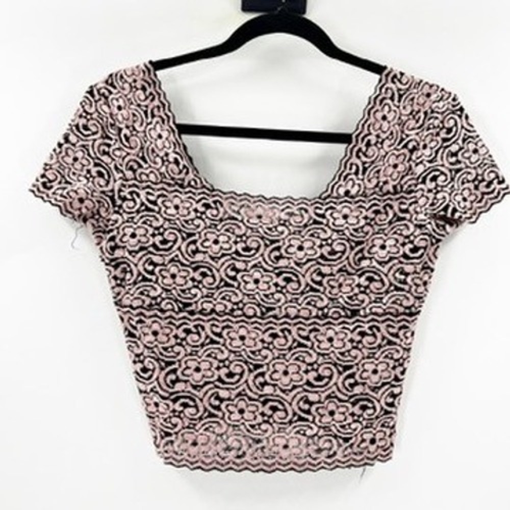 Joseph Ribkoff Black Pink Lace Floral Square‎ Neck Short Sleeve Crop Top Size 4